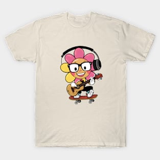 Skater Sunflower Playing Ukulele Cartoon T-Shirt